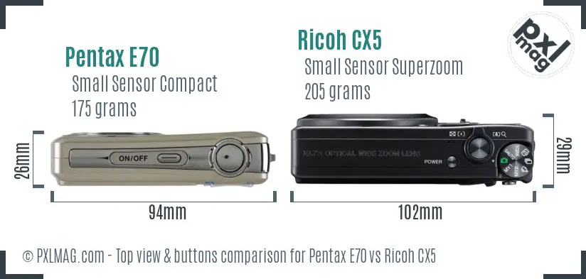 Pentax E70 vs Ricoh CX5 top view buttons comparison