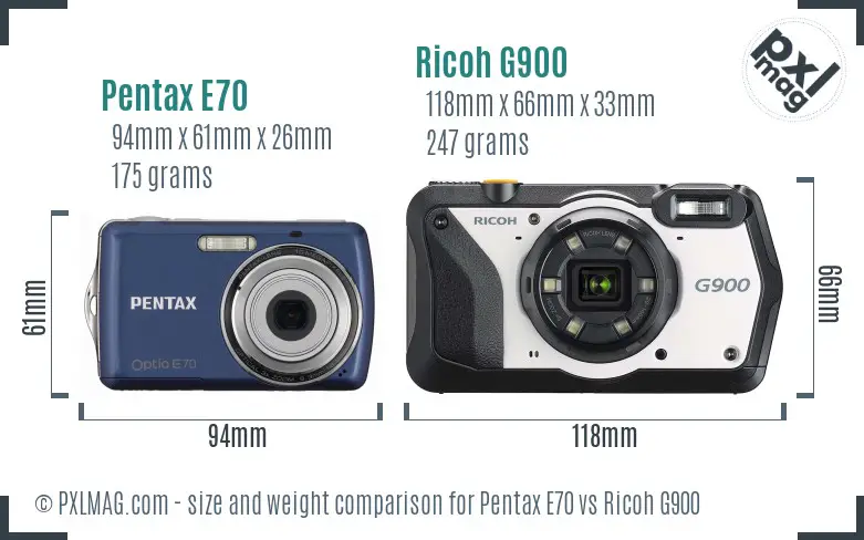 Pentax E70 vs Ricoh G900 size comparison