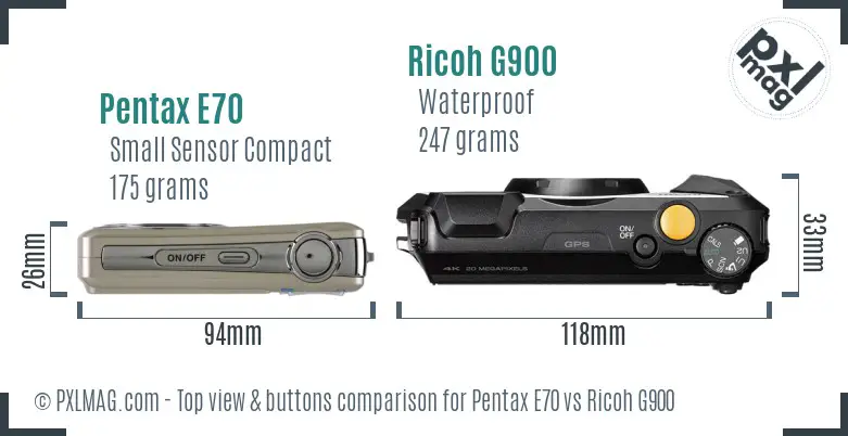 Pentax E70 vs Ricoh G900 top view buttons comparison