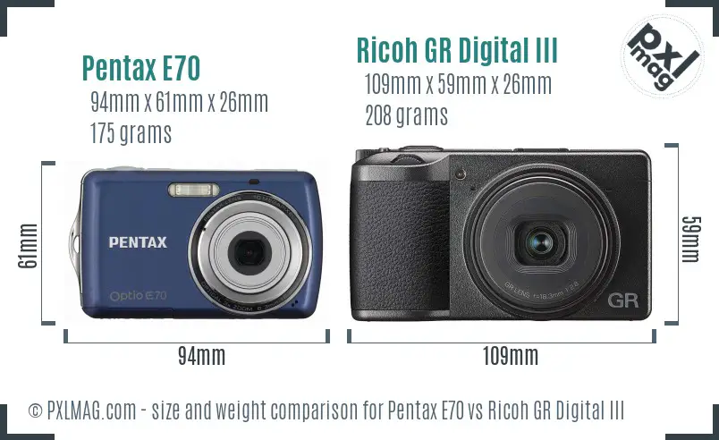 Pentax E70 vs Ricoh GR Digital III size comparison Pentax E70 vs Ricoh GR Digital III size comparison