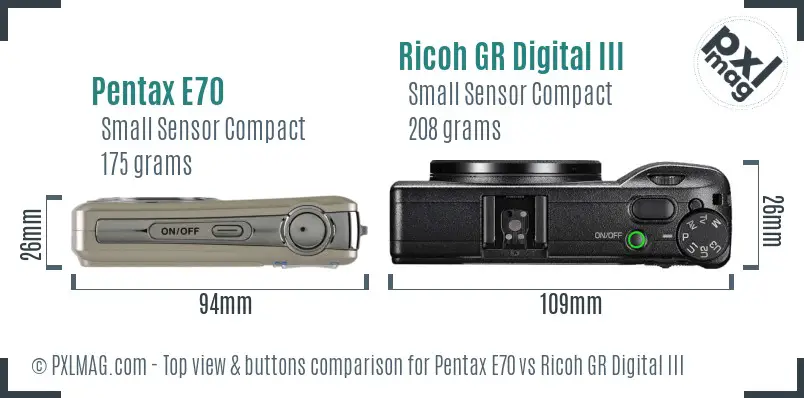 Pentax E70 vs Ricoh GR Digital III top view buttons comparison Pentax E70 vs Ricoh GR Digital III top view buttons comparison
