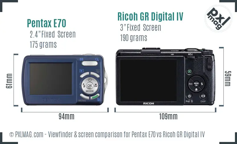 Pentax E70 vs Ricoh GR Digital IV Screen and Viewfinder comparison