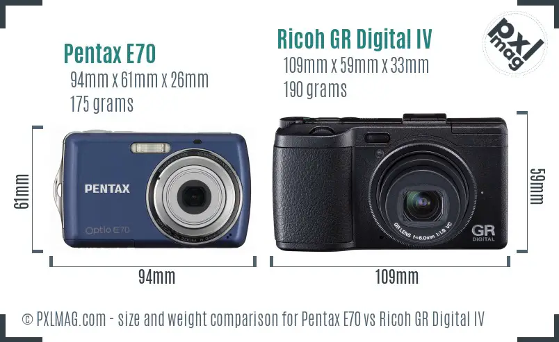 Pentax E70 vs Ricoh GR Digital IV size comparison