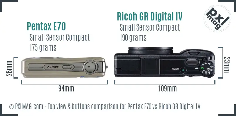 Pentax E70 vs Ricoh GR Digital IV top view buttons comparison