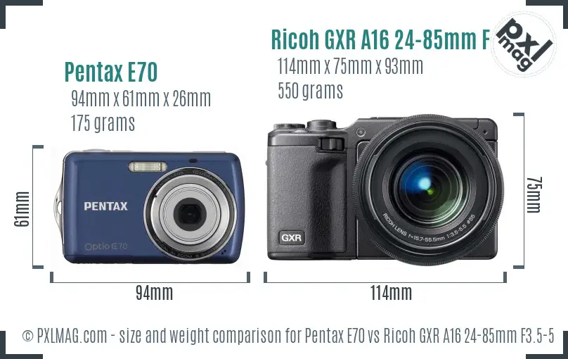 Pentax E70 vs Ricoh GXR A16 24-85mm F3.5-5.5 size comparison