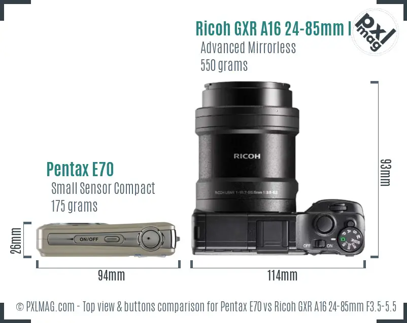 Pentax E70 vs Ricoh GXR A16 24-85mm F3.5-5.5 top view buttons comparison