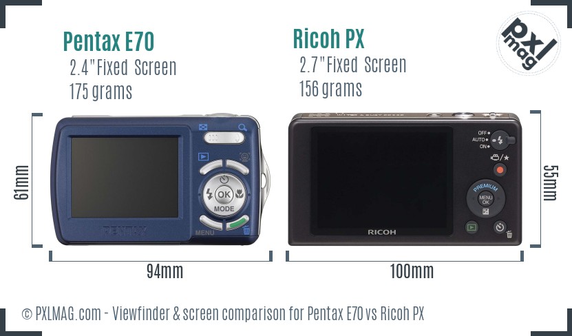 Pentax E70 vs Ricoh PX Screen and Viewfinder comparison