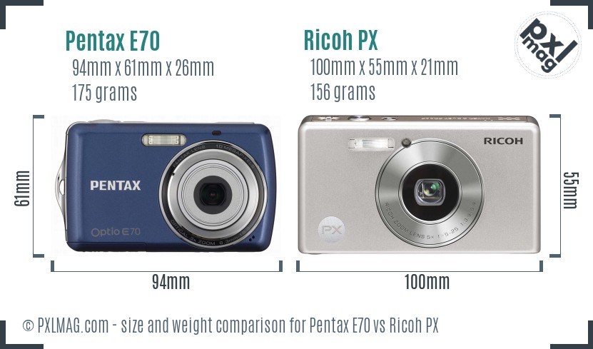 Pentax E70 vs Ricoh PX size comparison