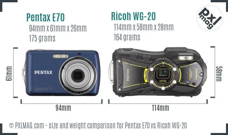 Pentax E70 vs Ricoh WG-20 size comparison