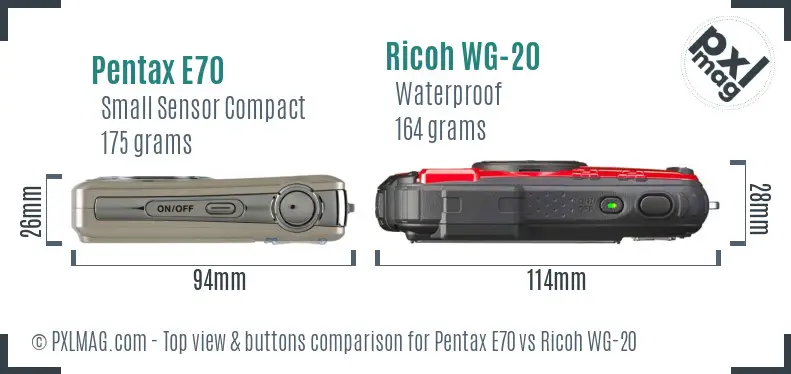 Pentax E70 vs Ricoh WG-20 top view buttons comparison