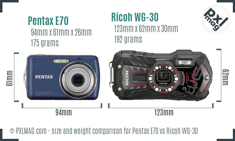 Pentax E70 vs Ricoh WG-30 size comparison