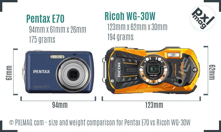 Pentax E70 vs Ricoh WG-30W size comparison