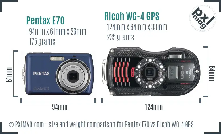 Pentax E70 vs Ricoh WG-4 GPS size comparison