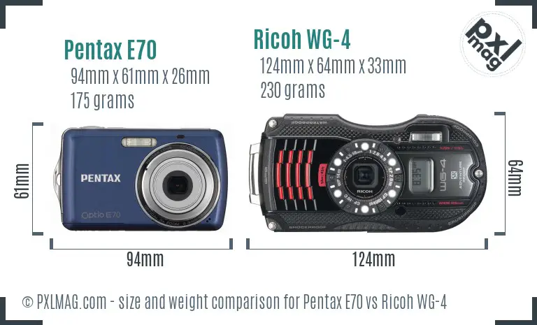 Pentax E70 vs Ricoh WG-4 size comparison