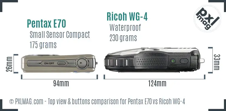 Pentax E70 vs Ricoh WG-4 top view buttons comparison
