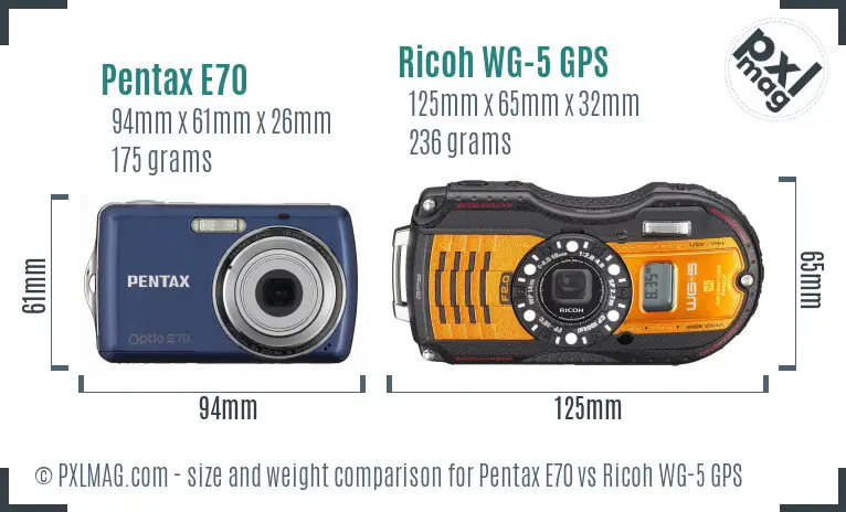 Pentax E70 vs Ricoh WG-5 GPS size comparison