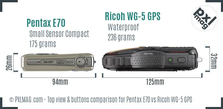 Pentax E70 vs Ricoh WG-5 GPS top view buttons comparison