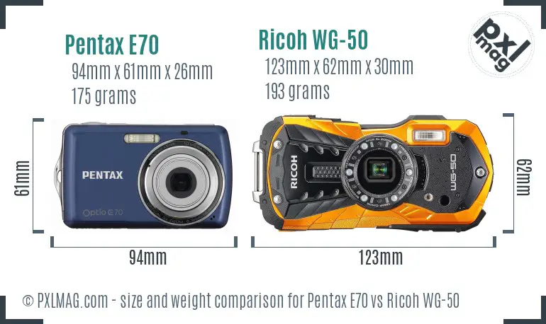 Pentax E70 vs Ricoh WG-50 size comparison