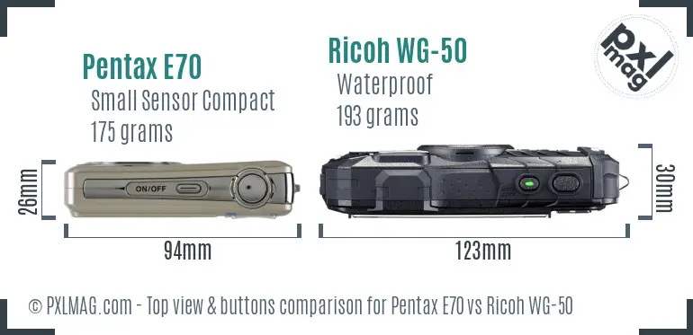Pentax E70 vs Ricoh WG-50 top view buttons comparison