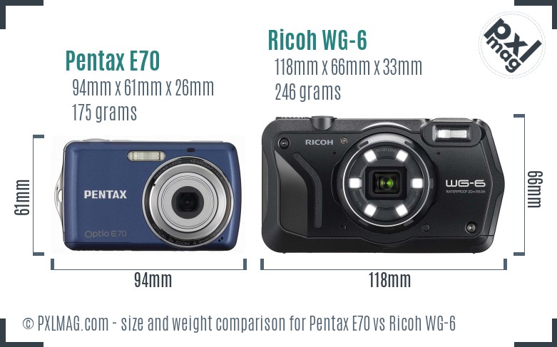 Pentax E70 vs Ricoh WG-6 size comparison