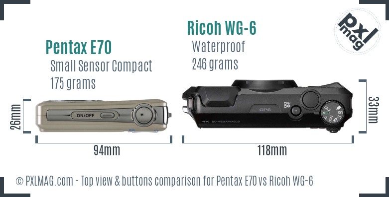 Pentax E70 vs Ricoh WG-6 top view buttons comparison