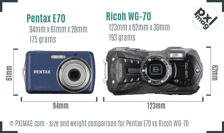 Pentax E70 vs Ricoh WG-70 size comparison