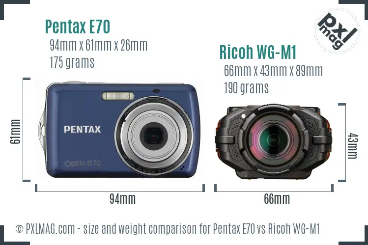 Pentax E70 vs Ricoh WG-M1 size comparison
