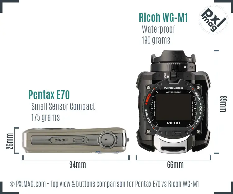 Pentax E70 vs Ricoh WG-M1 top view buttons comparison