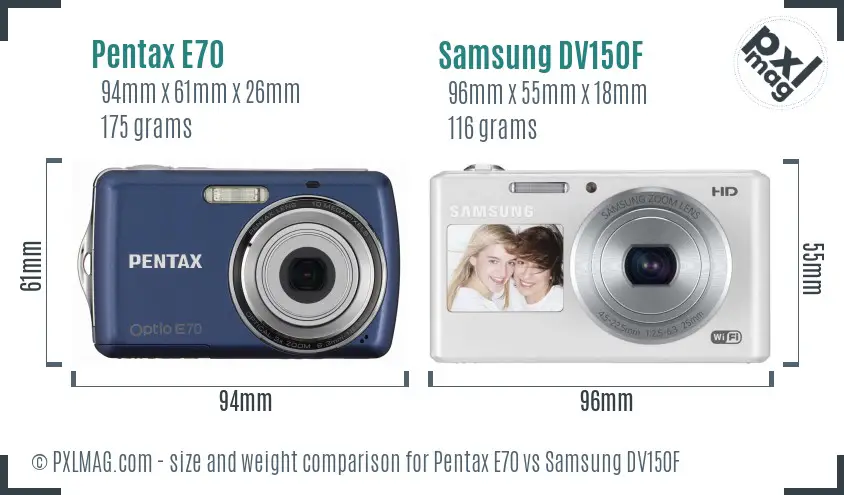 Pentax E70 vs Samsung DV150F size comparison