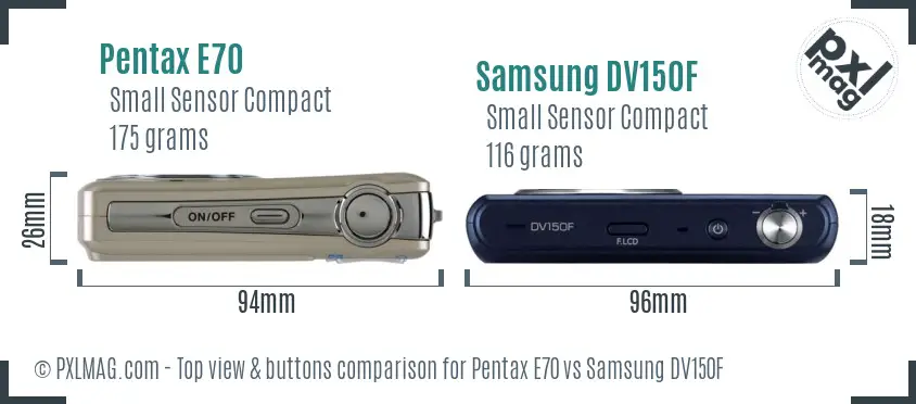 Pentax E70 vs Samsung DV150F top view buttons comparison