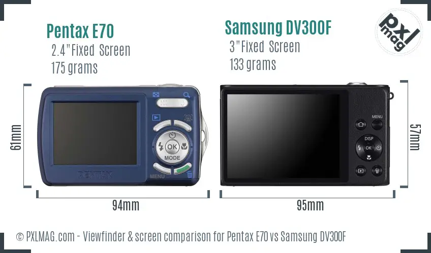 Pentax E70 vs Samsung DV300F Screen and Viewfinder comparison