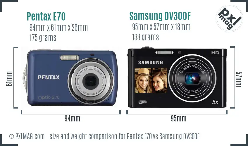 Pentax E70 vs Samsung DV300F size comparison