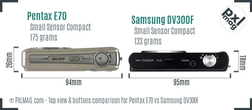 Pentax E70 vs Samsung DV300F top view buttons comparison