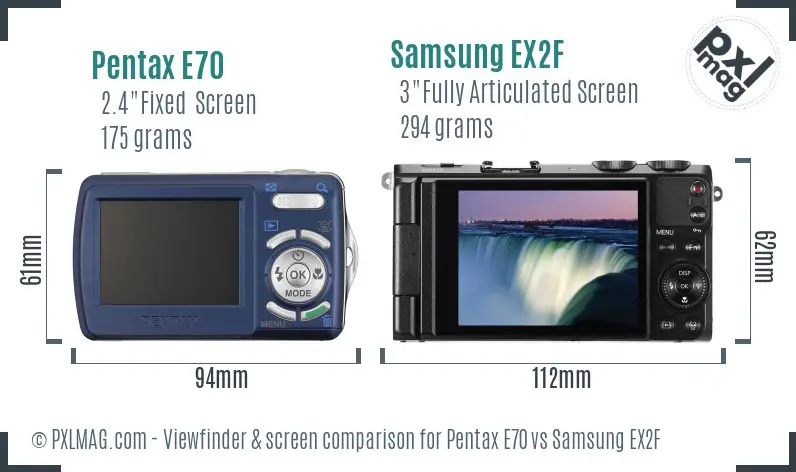 Pentax E70 vs Samsung EX2F Screen and Viewfinder comparison