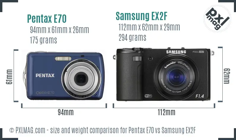 Pentax E70 vs Samsung EX2F size comparison