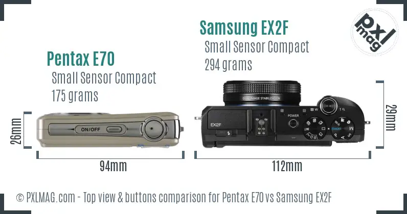 Pentax E70 vs Samsung EX2F top view buttons comparison
