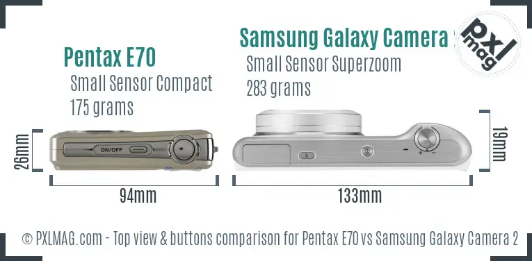 Pentax E70 vs Samsung Galaxy Camera 2 top view buttons comparison Pentax E70 vs Samsung Galaxy Camera 2 top view buttons comparison