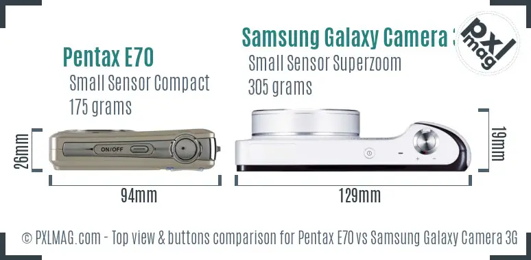 Pentax E70 vs Samsung Galaxy Camera 3G top view buttons comparison