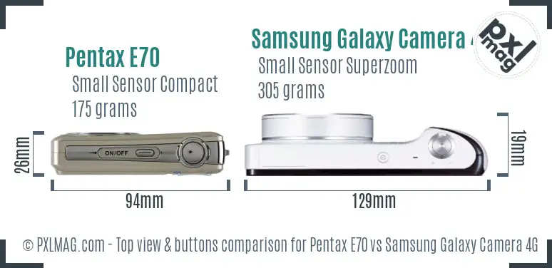 Pentax E70 vs Samsung Galaxy Camera 4G top view buttons comparison Pentax E70 vs Samsung Galaxy Camera 4G top view buttons comparison