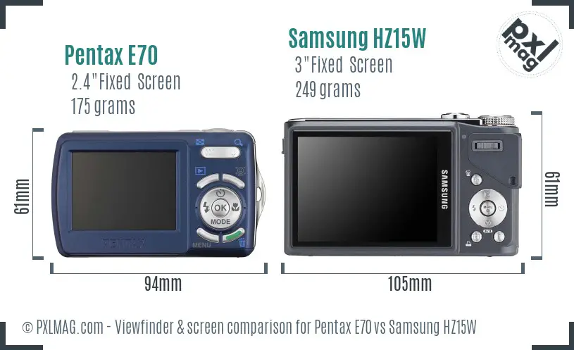 Pentax E70 vs Samsung HZ15W Screen and Viewfinder comparison