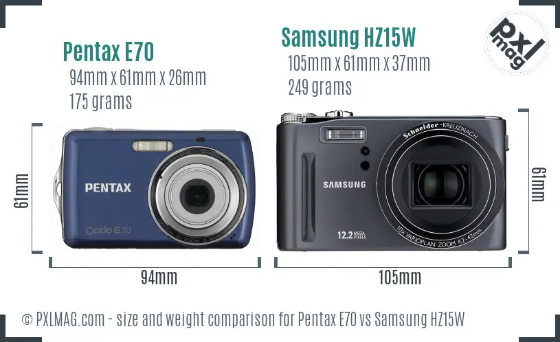 Pentax E70 vs Samsung HZ15W size comparison