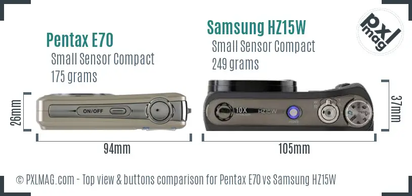 Pentax E70 vs Samsung HZ15W top view buttons comparison