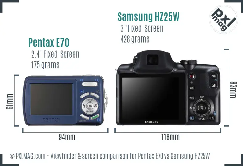 Pentax E70 vs Samsung HZ25W Screen and Viewfinder comparison