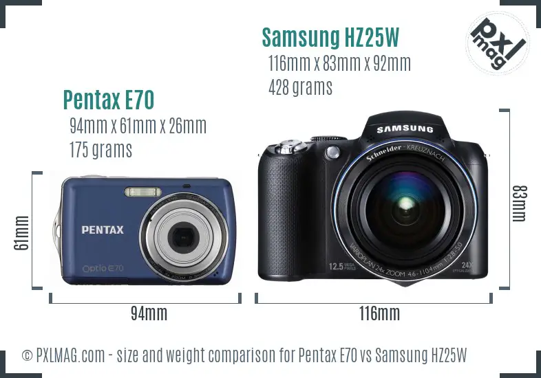 Pentax E70 vs Samsung HZ25W size comparison