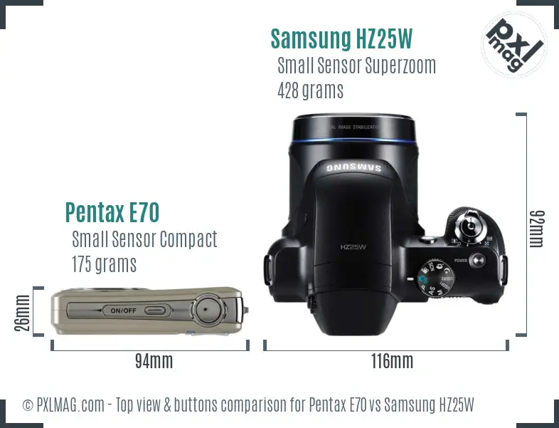 Pentax E70 vs Samsung HZ25W top view buttons comparison