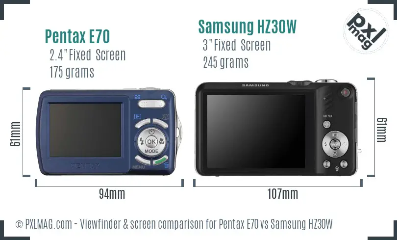 Pentax E70 vs Samsung HZ30W Screen and Viewfinder comparison