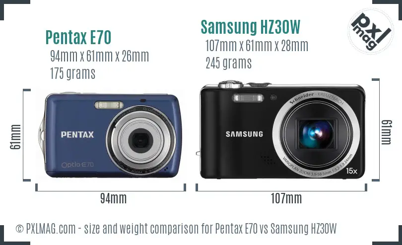 Pentax E70 vs Samsung HZ30W size comparison