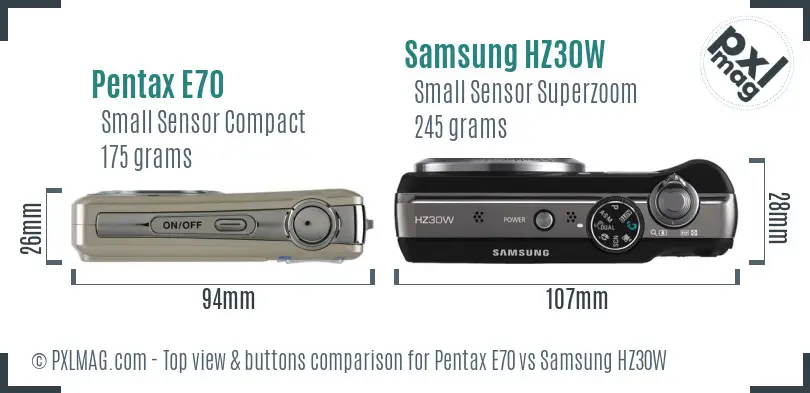 Pentax E70 vs Samsung HZ30W top view buttons comparison