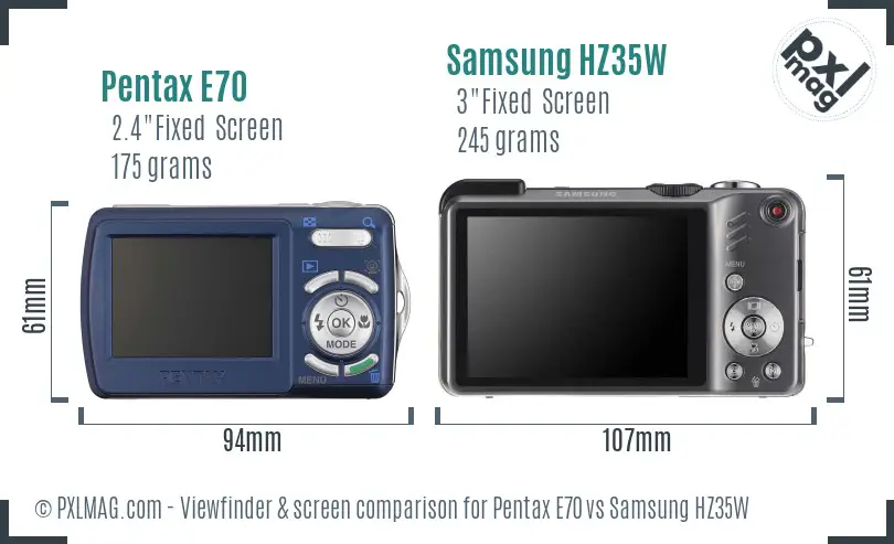 Pentax E70 vs Samsung HZ35W Screen and Viewfinder comparison