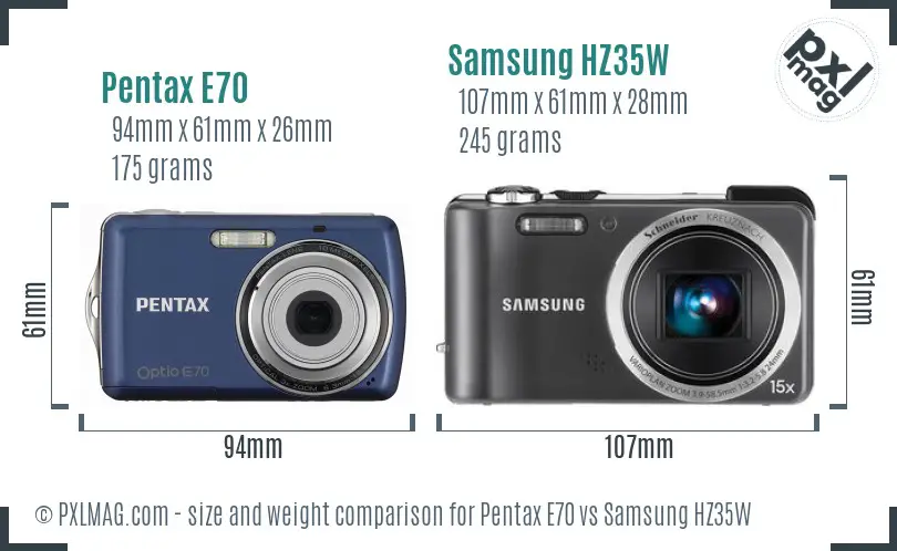 Pentax E70 vs Samsung HZ35W size comparison